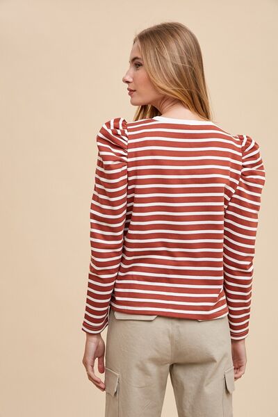 Nadia® | Striped French terry top with a crew neck and puff sleeves