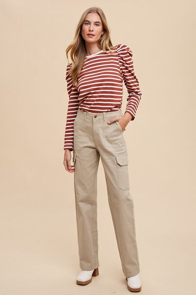 Nadia® | Striped French terry top with a crew neck and puff sleeves