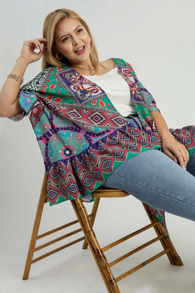 Xanthe® | Full size, mixed print, ruffle hem, open front, plus size