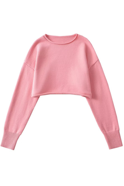 Xara® | Solid color loose casual long sleeve super short crew neck knitted sweater