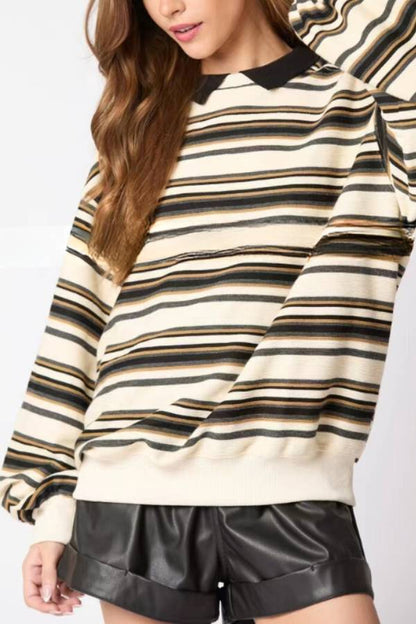 Sylvia® | Striped lapel long sleeve top, loose casual sweatshirt