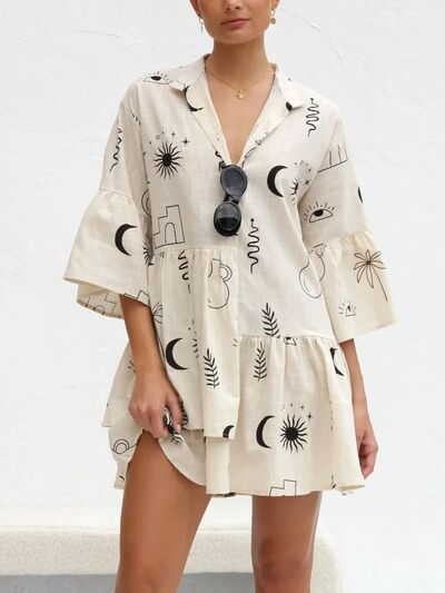 Stella® | Printed mini dress with collar and three-quarter sleeves