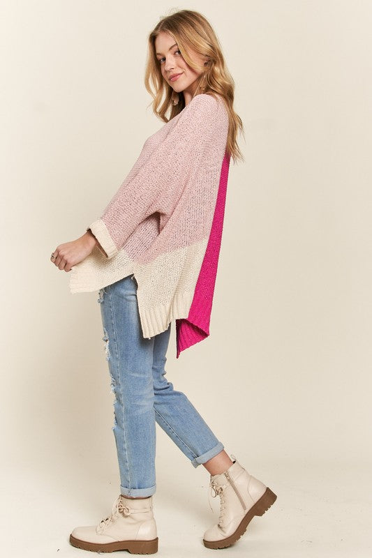 Octavia® | Long sleeve sweater with side slit and color block design