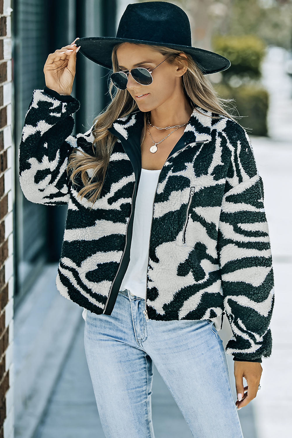 Amber® | Playful plush jacket with a zebra pattern