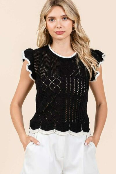 Ximena® | Openwork knit top with contrast trim, ruffles and cap sleeves