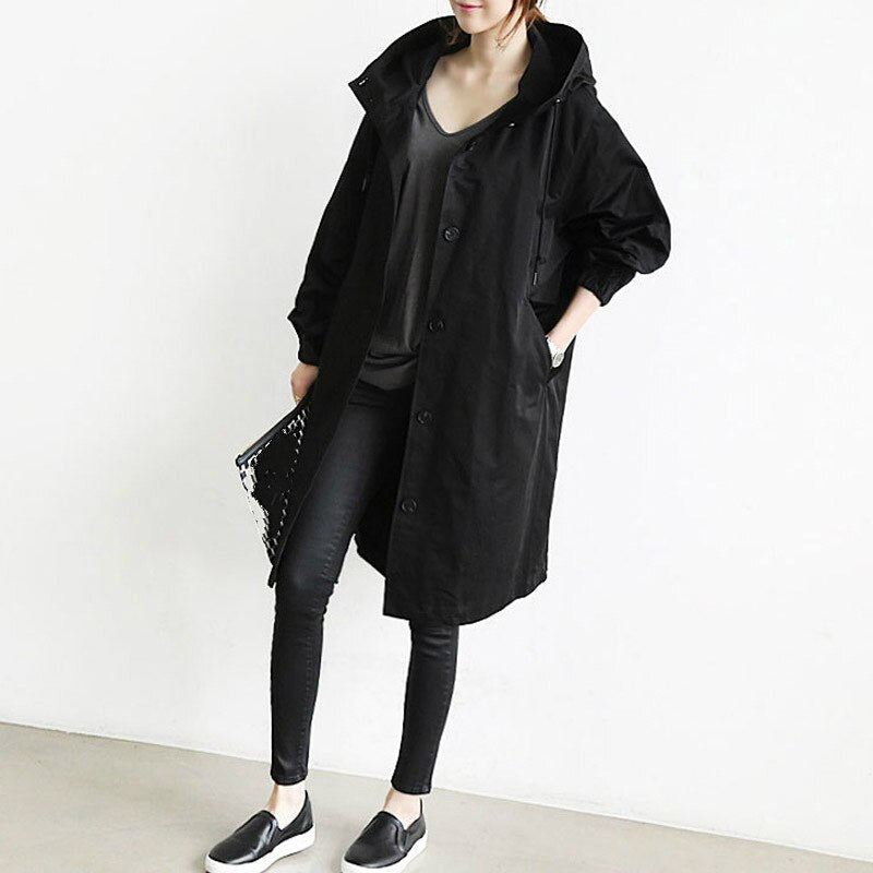 Amelia® | Long trench coat with hood and stand-up collar for women, available in large sizes