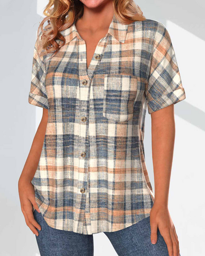 Stella® | Short-sleeved blouse with checked print and button