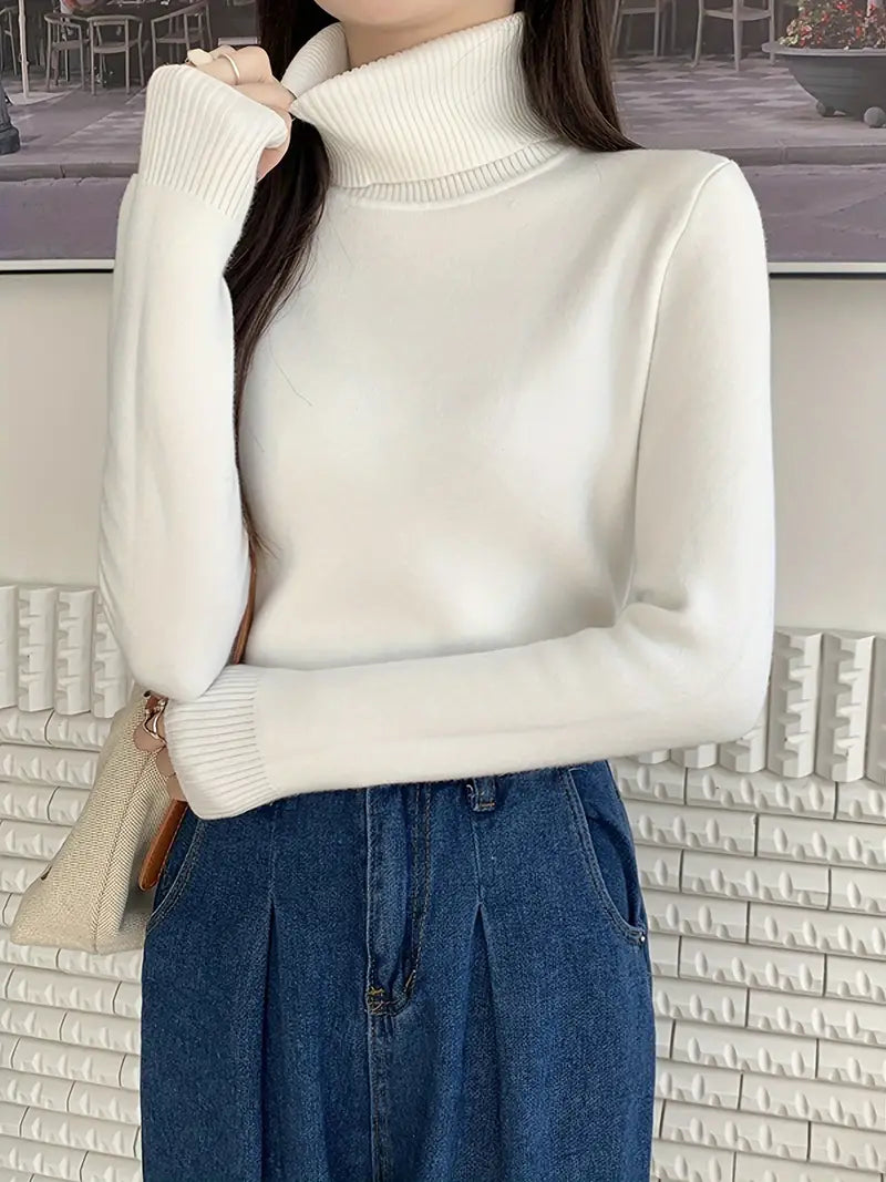 Susana® | Solid Color Turtleneck Sweater, Casual Long Sleeve Sweater