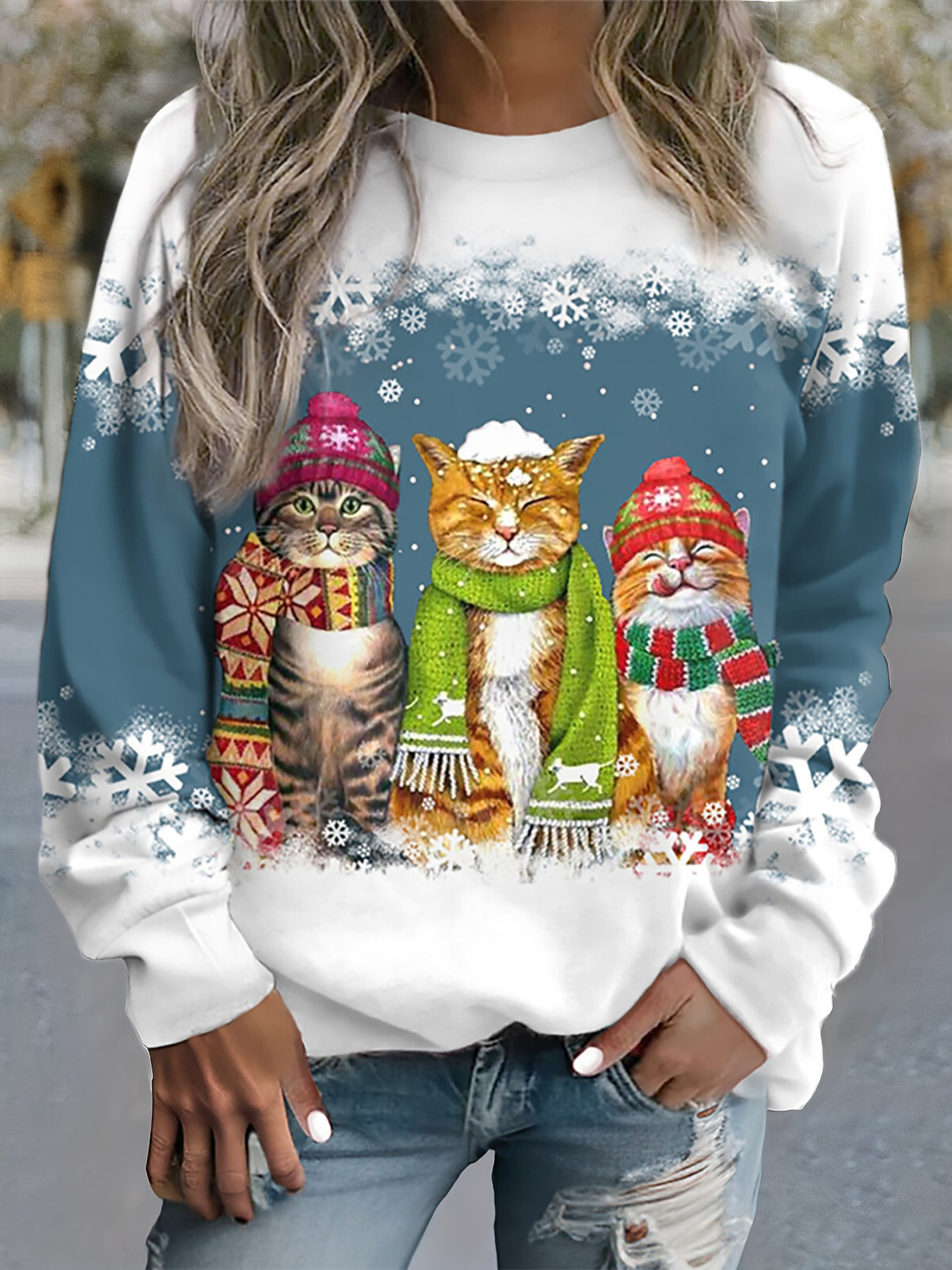 Tamara® | Warm winter top with snow cat print