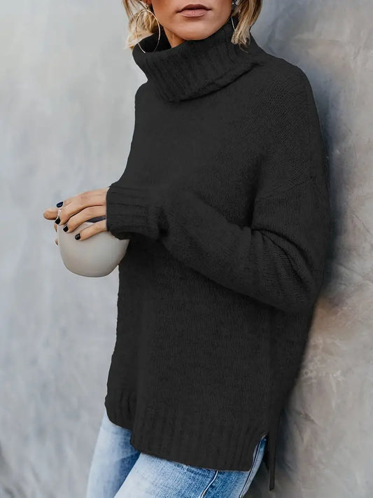 Wendy® | Solid turtleneck sweater, casual long-sleeved sweater with split sleeves