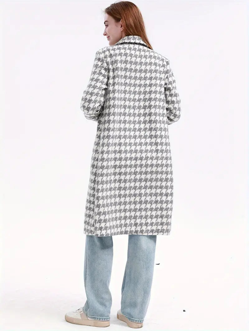 Tina® | Long coat made of wool blend with houndstooth pattern and pockets, polyester fabric