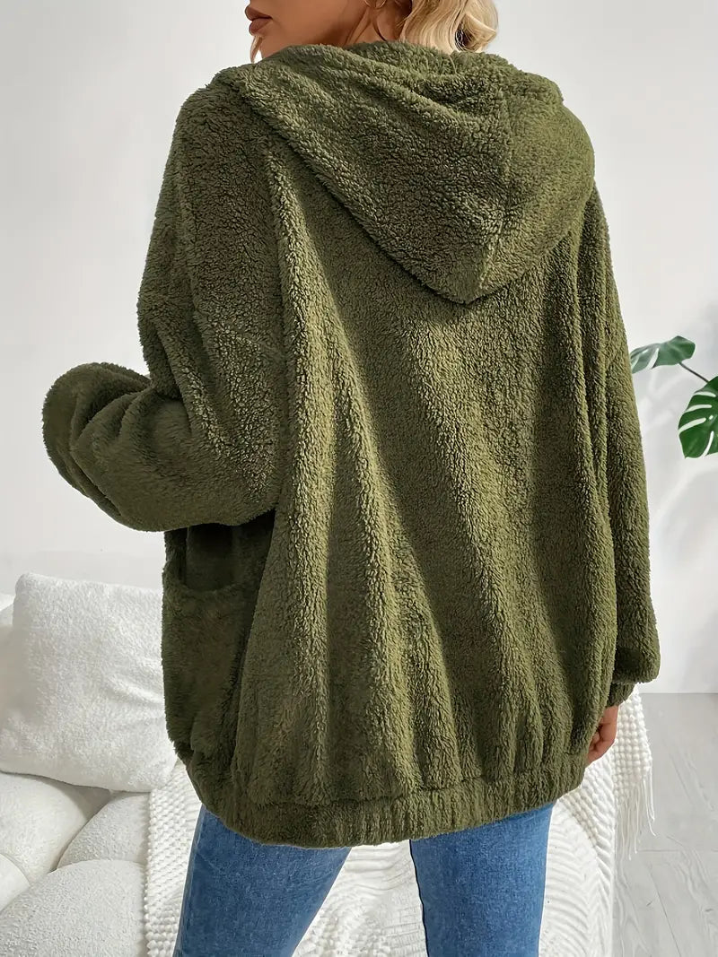 Yasmin® | Elegant olive green fleece jacket with hood for women