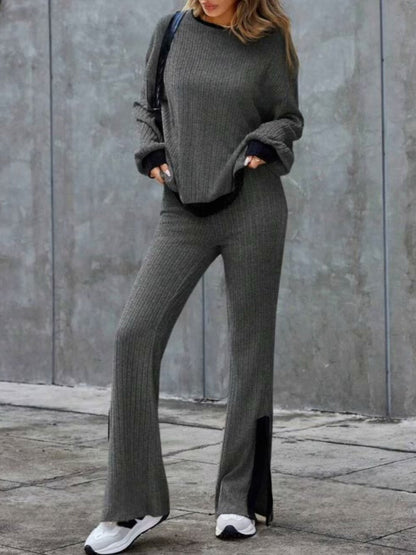 Wilma® | Contrast crew neck long sleeve top and bootcut trousers set