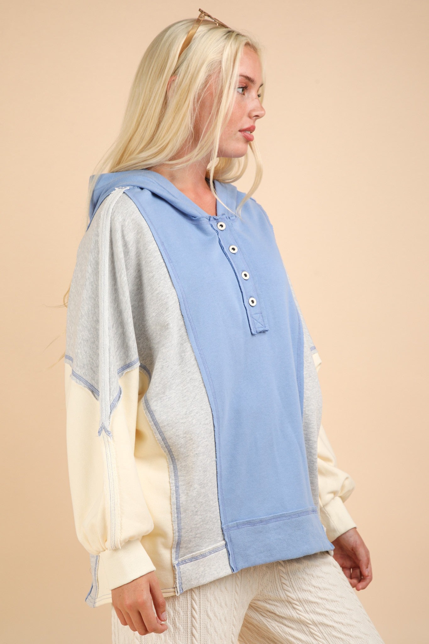 Pilar® | VERY J hoodie with exposed seams and color block half buttons