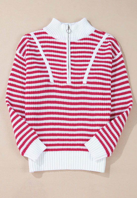 Amelia® | Striped long sleeve sweater with half zip and stand-up collar