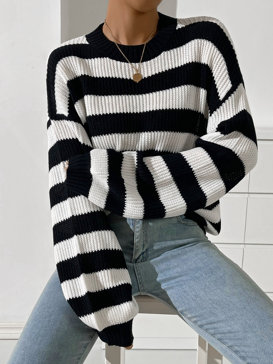 Nadia® | Honey colored striped long sleeve crew neck jumper