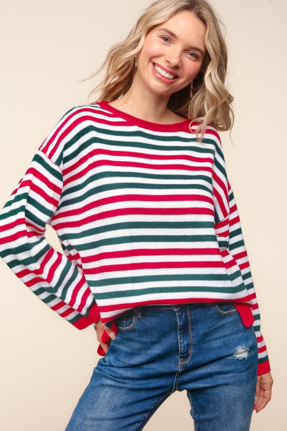 Wendy® | Full size Haptics knit top with stripes and contrast side slits