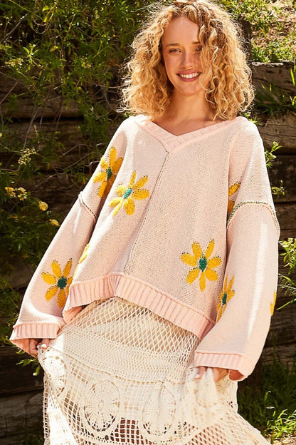 Amelia® | Floral chenille V-neck sweater