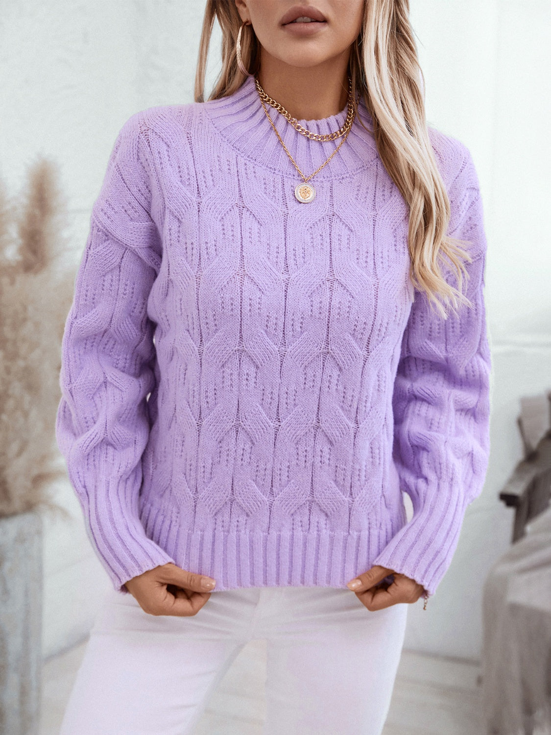 Teodora® | Long-sleeved sweater with cable knit and stand-up collar