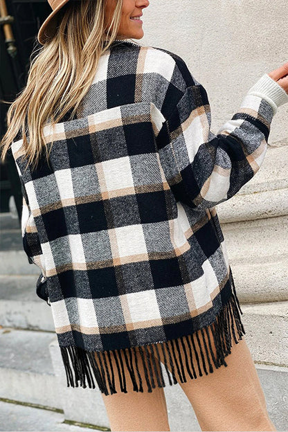 Nadia® | Checked shirt jacket with snap pocket and fringed hem