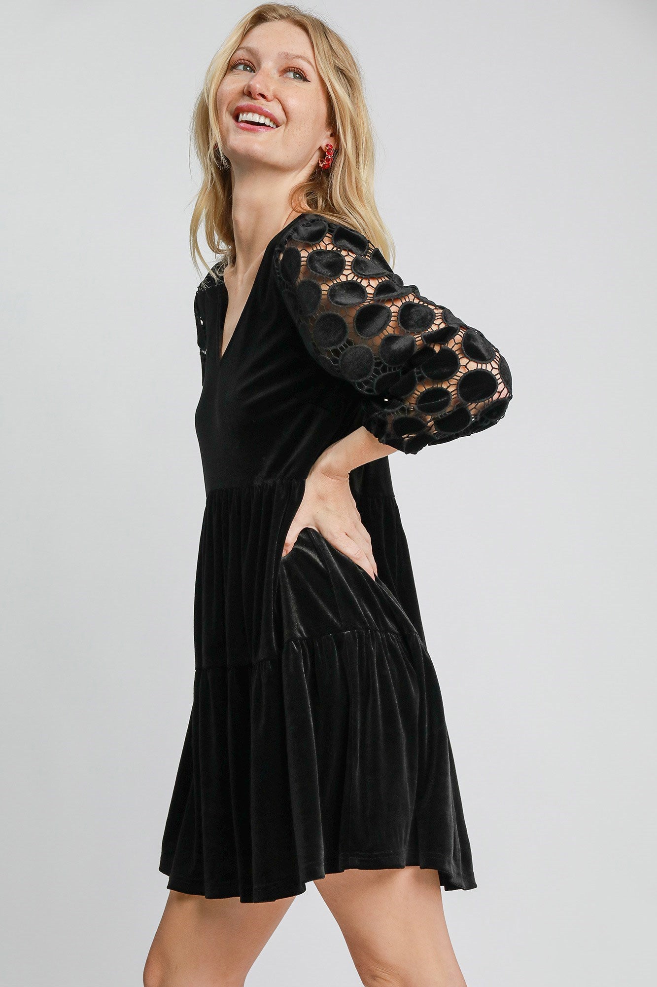 Pilar® | Polka dot tiered velvet mini dress with lace sleeves