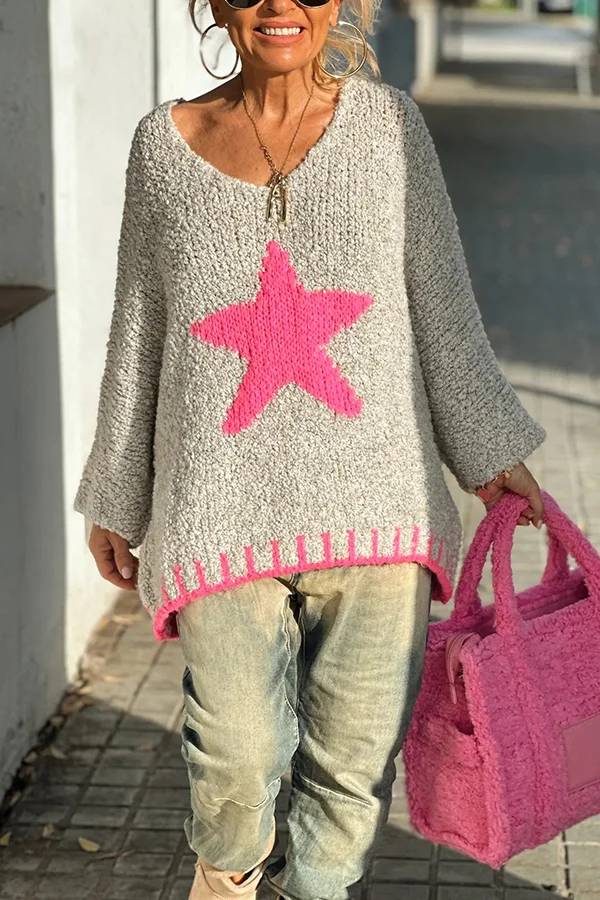 Signe® | Warm winter day texture knitted sweater with star pattern and contrast color