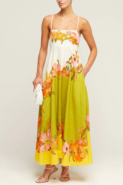 Zada® | Linen blend maxi dress with a contrast floral print at the back and smocked pockets