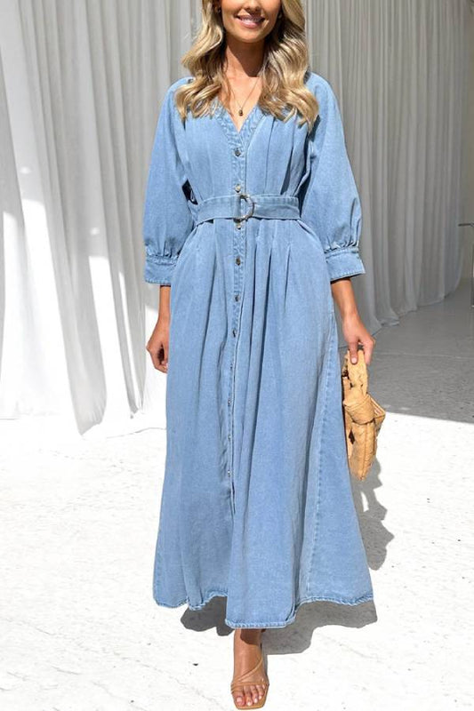 Zara® | Casual denim maxi dress with button placket and waist