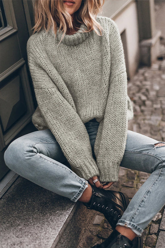 Violeta® | Light gray chunky knit sweater with a turtleneck and dropped shoulders