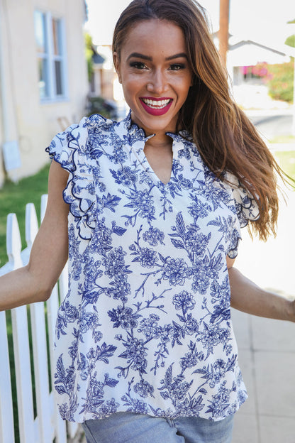 Pink® | Navy/ivory vintage vibes top with embroidered ruffle sleeves and notched neckline