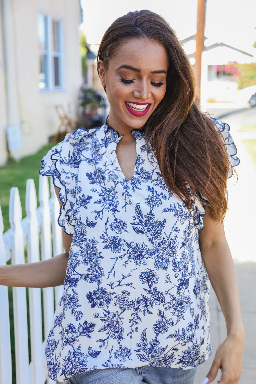 Pink® | Navy/ivory vintage vibes top with embroidered ruffle sleeves and notched neckline