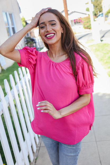 Soledad® | Perfectly You short sleeve blouse in solid fuchsia silk with gathered cap