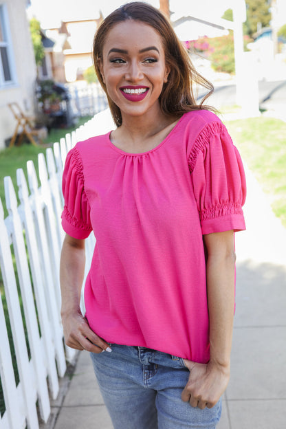 Soledad® | Perfectly You short sleeve blouse in solid fuchsia silk with gathered cap