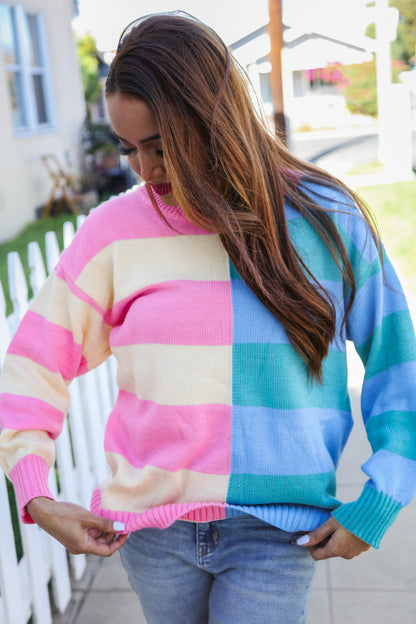 Zara® | Catch Glances blush and blue striped color block knit sweater