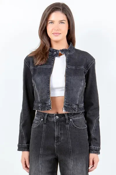 Zara® | Full size cropped rider denim jacket with oversized zip fastening