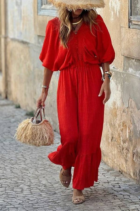 Suzette® | Loose maxi dress with V-neck and ruffles