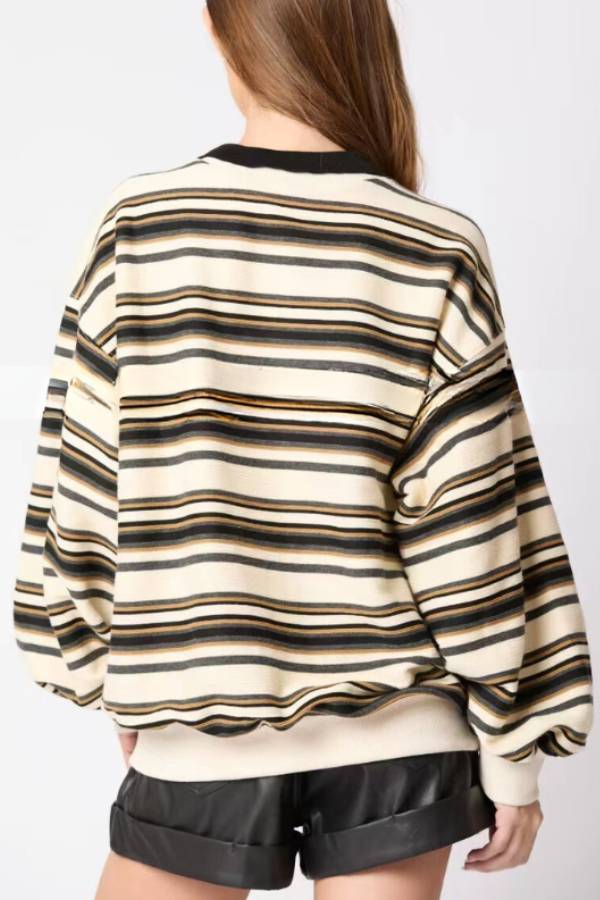 Sylvia® | Striped lapel long sleeve top, loose casual sweatshirt