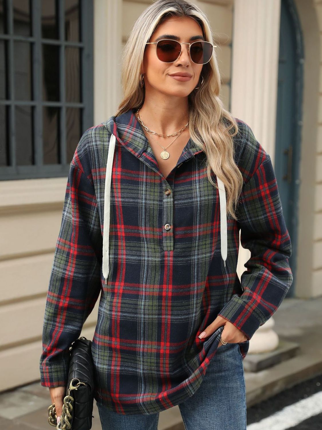 Nathalie® | Long sleeve top with drawstring and checked hood