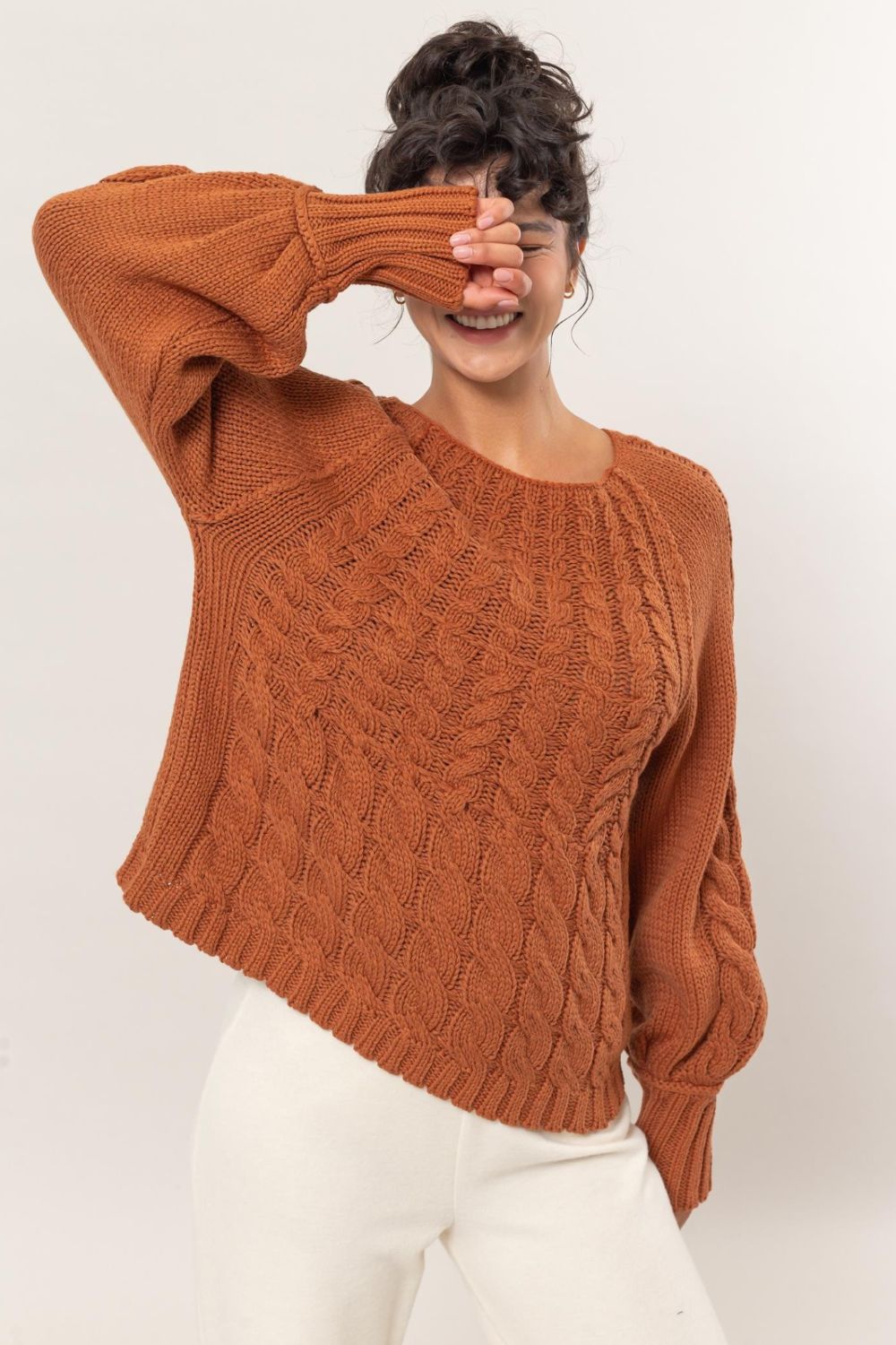 Agustina® | Cable-knit sweater with a crew neck and raglan sleeves