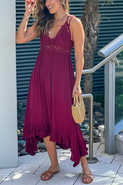 Verónica® | Garnet red crochet top high low dress