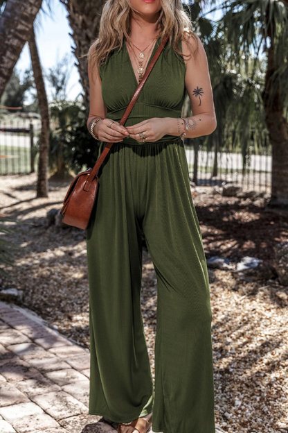 Zarina® | Moss green sleeveless ruffled wide leg V-neck jumpsuit