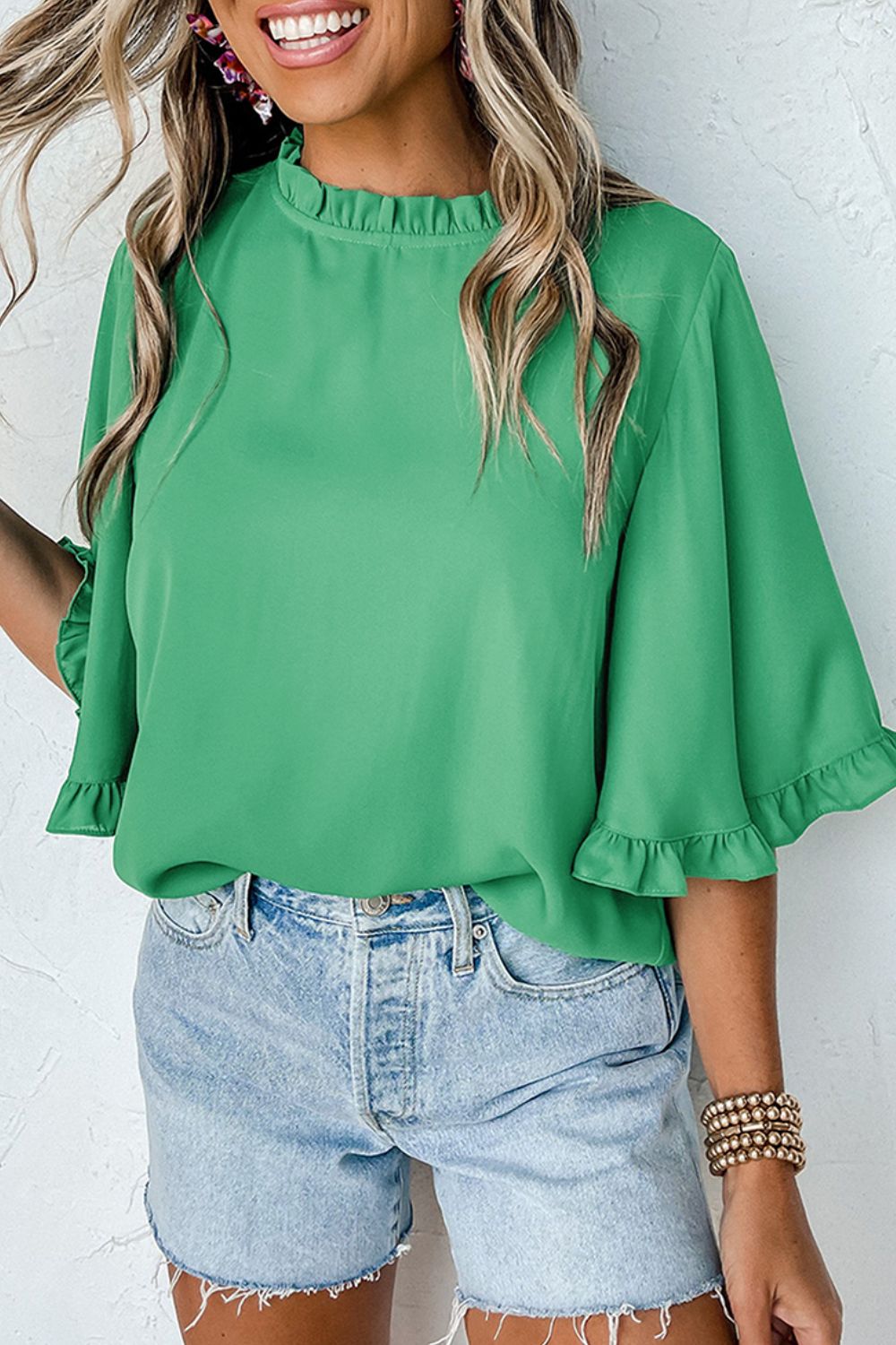 Susana® | Ruffled crew neck blouse with wide half sleeves