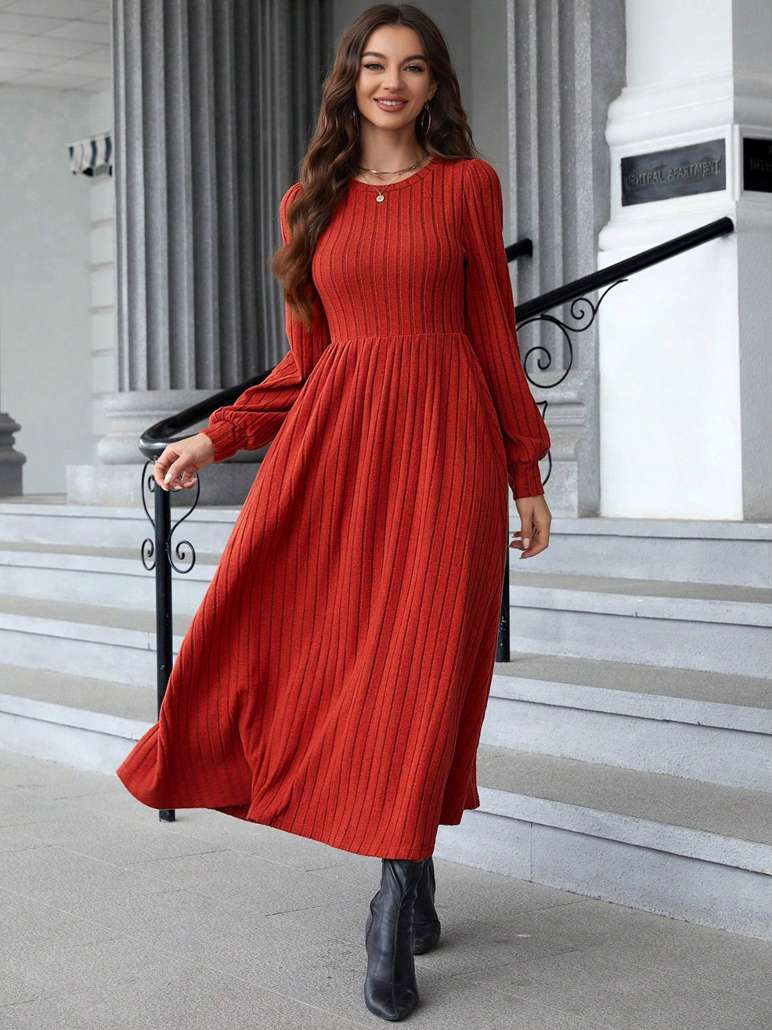 Agnes® | Ribbed long sleeve dress with a crew neck