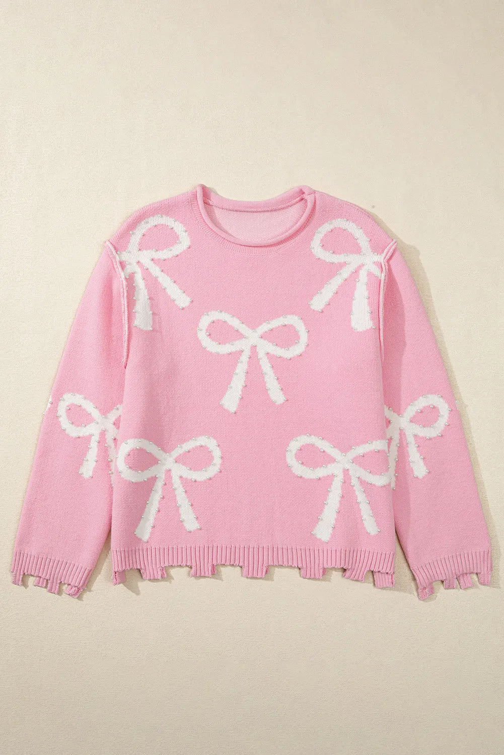 Yessica® | Long-sleeved crew neck sweater with pearl detail and bow