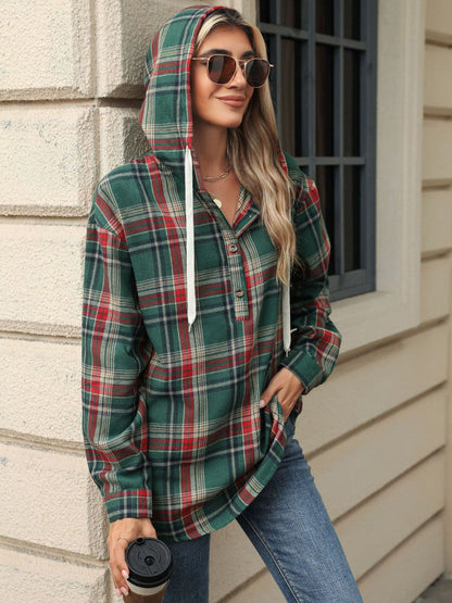 Nathalie® | Long sleeve top with drawstring and checked hood