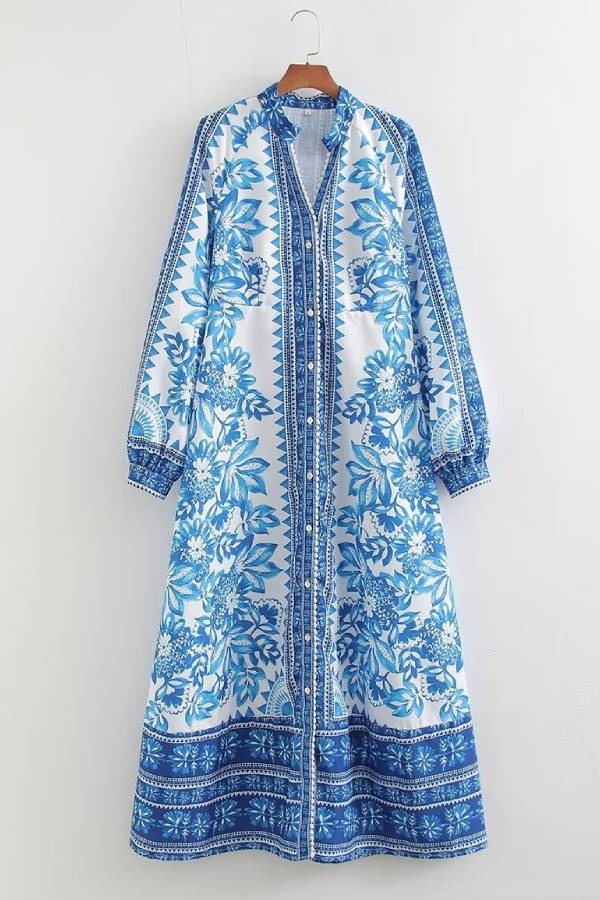 Vesta® | Unique printed long sleeve button down shirt maxi dress