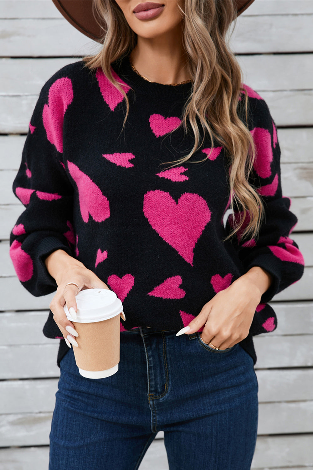 Alida® | Heart contrast crew neck long sleeve sweater