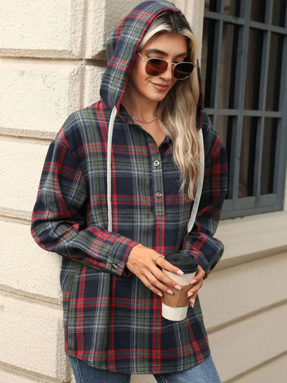 Nathalie® | Long sleeve top with drawstring and checked hood