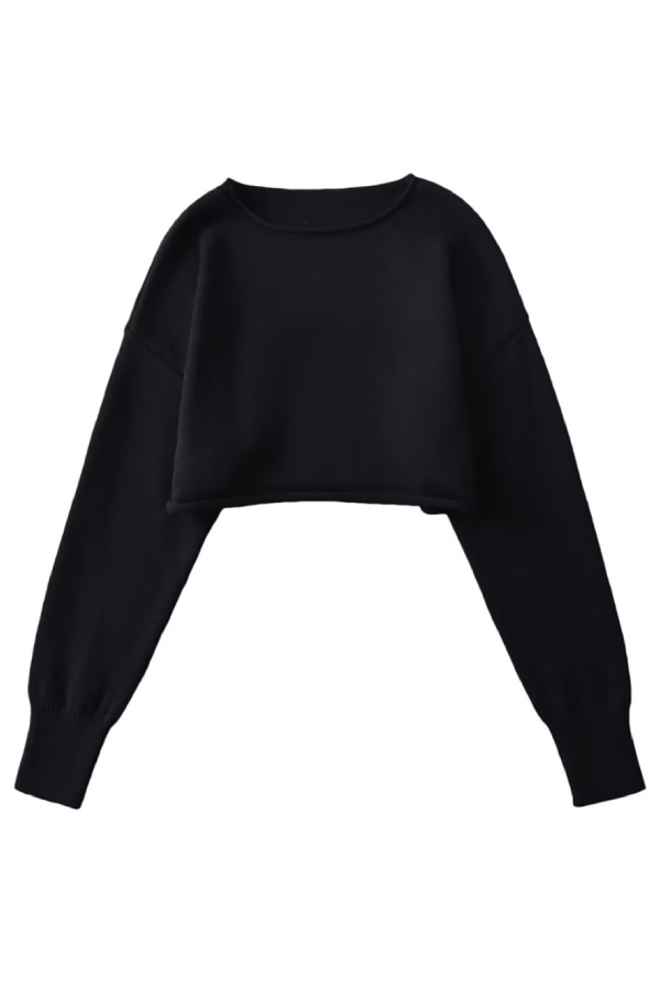 Xara® | Solid color loose casual long sleeve super short crew neck knitted sweater