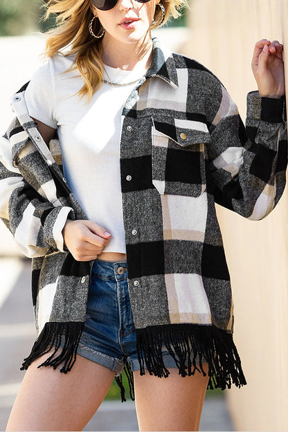 Nadia® | Checked shirt jacket with snap pocket and fringed hem